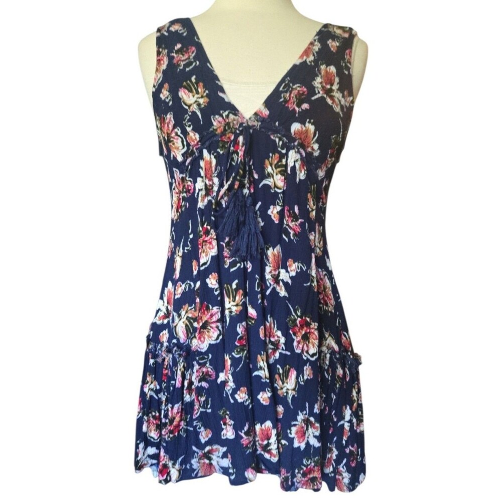 Windsor Navy Blue Floral Sleeveless Tunic Dress with Tassel V-Neck